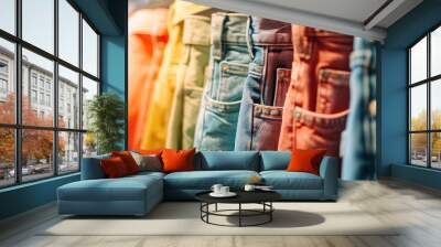 Close-up of pastel colorful jeans hanging on a rack in a store. Background for denim clothing store, a large assortment of denim pants of different colors. Wall mural