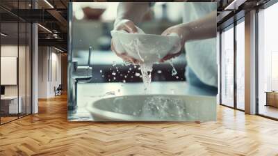 Close-up of woman hands washing plate with soap foam and water in modern kitchen interior. Wall mural