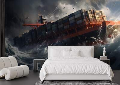 Container ship going through the storm. Horizontal wallpaper with big cargo freighter in the sea have problems.  Wall mural