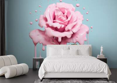 creative rose flower with dripping drops of thick paint on flat pastel background with copy space. u Wall mural