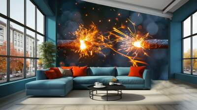 Electric Spark Between Two Bare Wires. A captivating close-up of electric spark igniting between twisted bare copper wires on a simple grey background with copy space. Wall mural