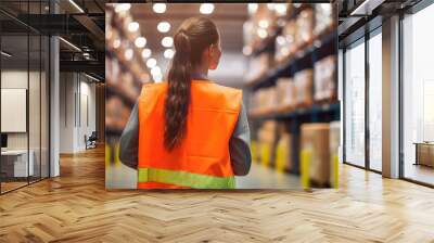 European Woman in orange vest in logistics center, horizontal banner. Back view, copy space, job offer.  Wall mural