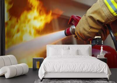 Fireman using fire extinguisher fighting fire Wall mural