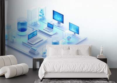 Isometric icon of computers, laptops, liaisons and technology equipment. Copy space, creative banner for computer service, tech repair, cloud storage. White blue colors. Generative AI illustration. Wall mural