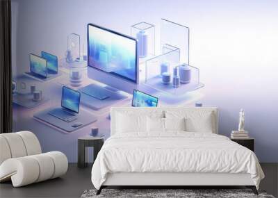 Isometric icon of computers, laptops, liaisons and technology equipment. Copy space, creative banner for computer service, tech repair, cloud storage. White blue colors. Generative AI illustration. Wall mural