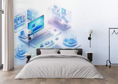 Isometric icon of computers, laptops, liaisons and technology equipment. Copy space, creative banner for computer service, tech repair, cloud storage. White blue colors. Generative AI illustration. Wall mural