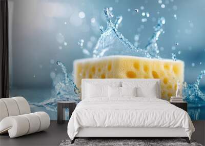 Kitchen sponge actively soaking up spilled water, splashes and drops water in motion, absorbing absorption Wall mural