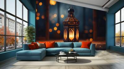 Luminous tradition. A lantern, softly lit by a candle, traditional customs observed during Ramadan Kareem. Wallpaper banner with copy space.  Wall mural