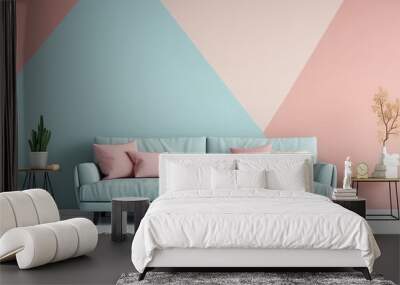 Minimalist interior in a painted wall, soft sofa. Light blue, pink, beige pastel colors. Cute cozy interior composition. Generative AI photo. Wall mural