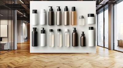 op view of different cosmetic bottles and container isolated on white background. Cosmetic package mockup set with clear design. Wall mural