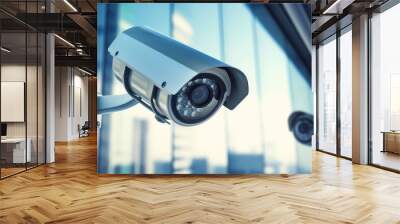 Outdoor CCTV security camera on a blurred building backdrop. Security camera, protection and safety of shopping malls.  Wall mural