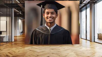 Portrait of Smiling hindu teen young man wearing a graduation cap and robe, standing outside. Horizontal education wallpaper.  Wall mural