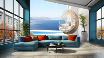 Rattan oval shaped pendant chair with white pillows against a tropical backdrop outside the window. Suspended armchair on the background of a tropical seaside summer landscape. Generative AI photo. Wall mural