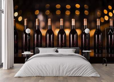 Set of Wine bottles standing in line on dark background. Creative wine dark horizontal wallpaper. Wall mural