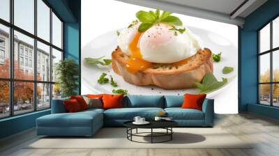 Sliced poached egg with liquid yolk flowing out on a slice of toasted bread isolated on a white background. Healthy bruschetta for breakfast with greenery on white plate. Generative AI. Wall mural