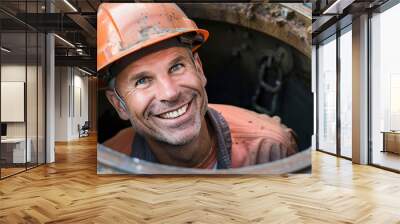 Smiling man wearing a safety helmet peers out of a sewer manhole in the street. Wall mural