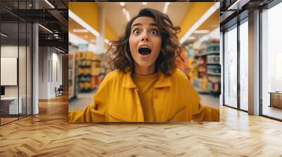 Surprised beautifull happy latino woman with open mouth against the backdrop of a supermarket store. Very surprised and shocked woman screaming. Creative concept of big discounts, sale, black Friday. Wall mural