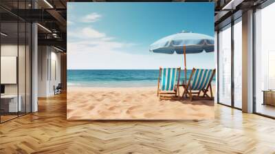 Two beach beds and sun umbrella on the sandy beach seashore, nobody, copy space. Summer tourist banner template, blue bright sky. Generative AI photo. Wall mural