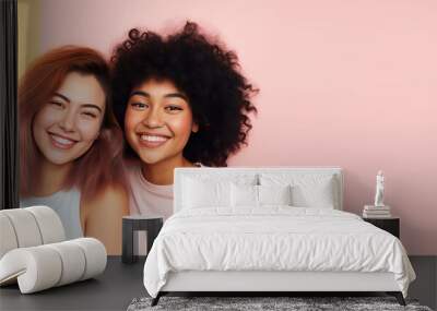 Two young beautiful girls hugging, laughing and smiling against a flat pastel pink background. Happy women girlfriends, portrait, copy space for text. Generative AI photo. Wall mural