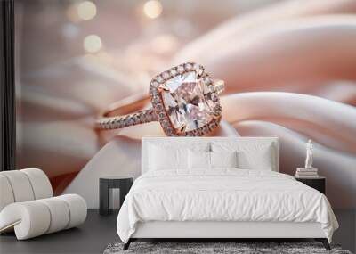 Wedding concept, closeup of beautiful diamond engagement cushion cut ring, commercial style banner. Wall mural