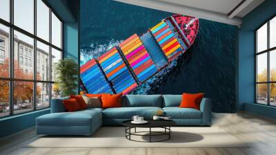 Сargo ship on sea water with colorful containers stacked onboard Wall mural