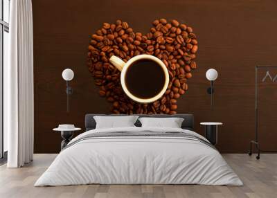 Hot Coffee cup with Coffee beans on the black table Wall mural