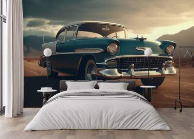 A classic old car driving down a desert road. Based on Generative Ai. Wall mural