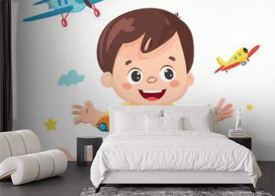 Cute and fun illustration of a baby with a toy airplane style flat vector design isolated white background . Wall mural