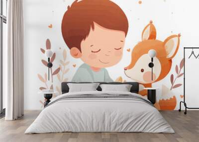 Cute and fun illustration of a baby with a toy animal style flat vector design isolated white background . Wall mural