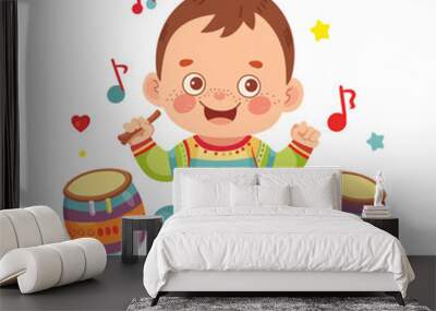 Cute and fun illustration of a baby with a toy bongos style flat vector design isolated white background . Wall mural