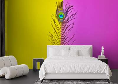 peacock feathers art,n text space, feathers on pink backgro,peacock tail on yellow background,pink and yellow background,mix background,peacock, arts ,pink background Wall mural