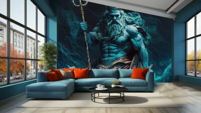 The statue of Poseidon with three forks stands in the waves Wall mural