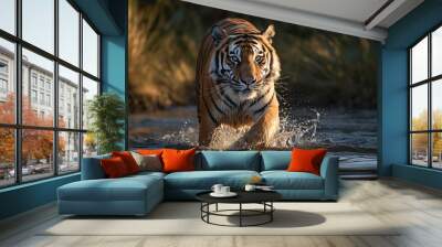 Tigers running in the water Wall mural