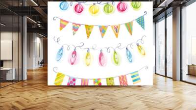 Festive watercolor garlands of flags and lights: red, blue, yell Wall mural