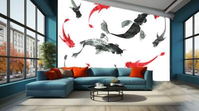 Sumi-e hand drawn fishes, black and white. Japan traditional sty Wall mural