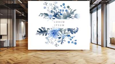 Watercolor floral background. Horizontal frame with black and blue plants Wall mural