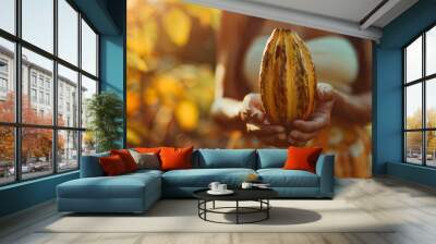 Close-up image of a woman holding a basket of Cocoa pod. Cut in half ripe cacao pods  Wall mural