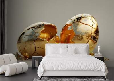 Gold luxury easter egg cracked open with copy space. 3D Rendering. Generative AI Wall mural