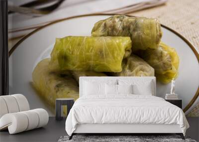 Delicious homemade stuffed cabbage leaves (the traditional dolma of the mediterranean cuisine) in white plate Wall mural