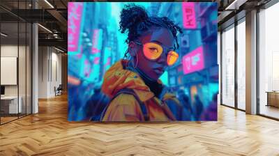 Afrofuturistic woman with city thrives. Neon lights, diverse people, stylish gadgets. Blend of Afrofuturism and detail. Wall mural