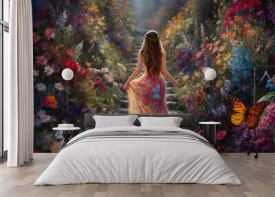 an angel walking alone on a footpath that is surrounded by a vibrant garden of blooming flowers and fluttering butterflies.  Wall mural