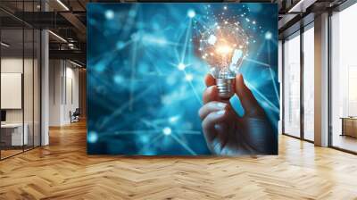 hand holding a light bulb digital network. New ideas, business innovation. 4k ultra realism, copy space Wall mural