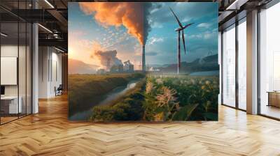 Split-screen: Fossil fuels vs. renewables. Pollution vs. clean energy. Modern, contrasting. Wall mural