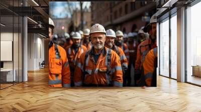 A group of men in orange safety vests and hard hats are smiling for the camera Wall mural