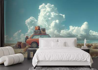 A red car with luggage on top of it is parked in a desert Wall mural