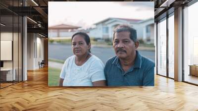 grandparents sitting outdoors at sunset, looking at the camera Wall mural