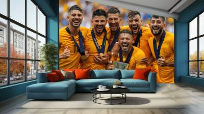 They are all smiling and happy, and the trophy is in the center of the group Wall mural