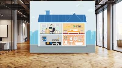 House indise with blue roof and city background. illustration flat Wall mural