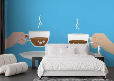 Two cups of Coffee with man hand with woman hand Wall mural