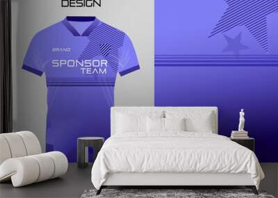 Blue t-shirt sport design template with abstract line and star pattern for soccer jersey. Sport uniform in front view. Tshirt fabric design and mockup for sport club. Vector Illustration Wall mural